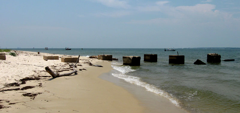 Remains of old Wharf at Ft. Morgan. Tecumseh buoy is to the right of the center vessel